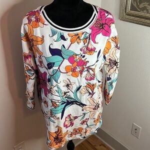 Lark Lane floral print cotton‎ Terry pull over top 3/4 sleeves blouse